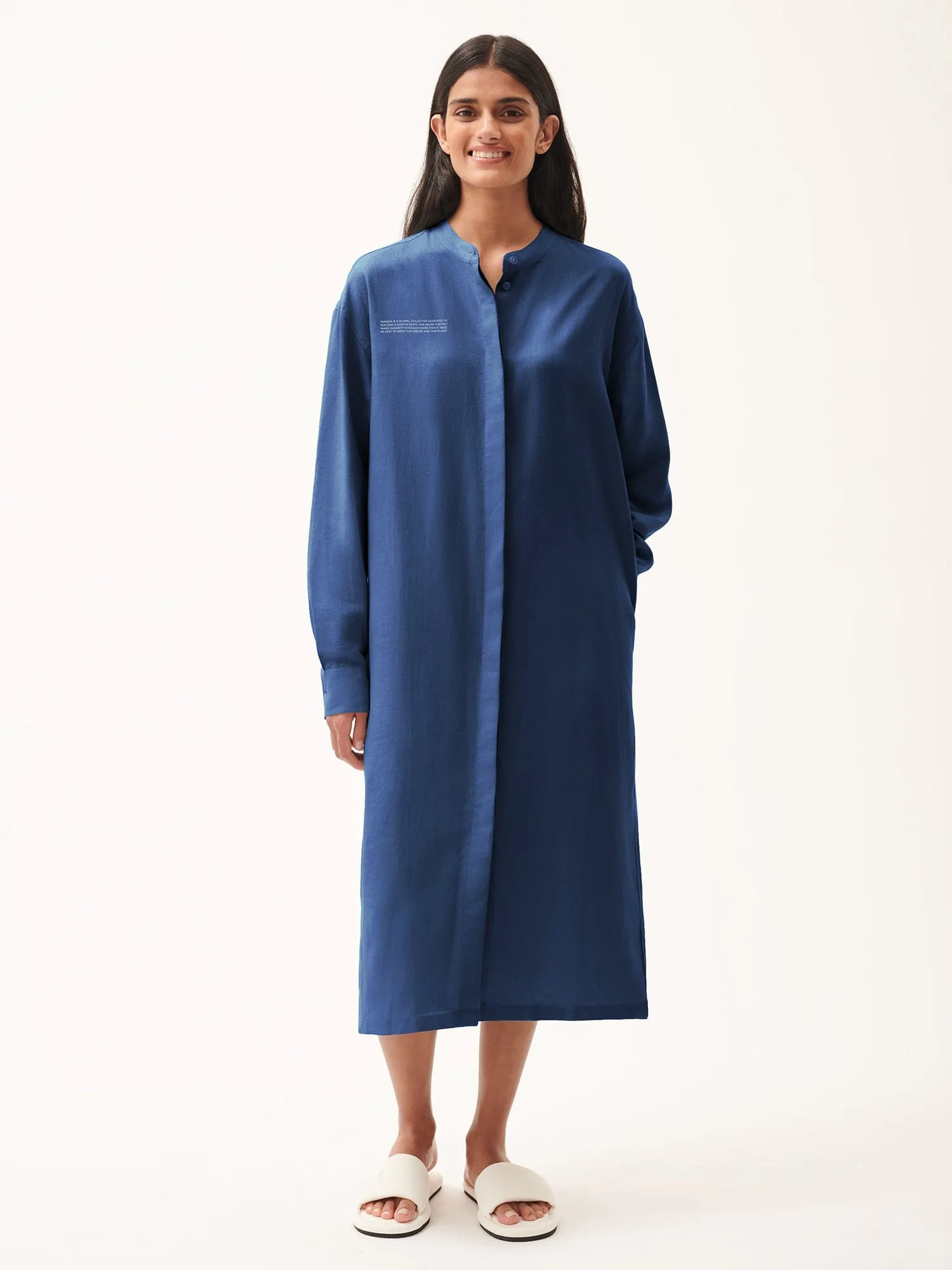 DNA Linen Mandarin Collar Dress—lapis blue