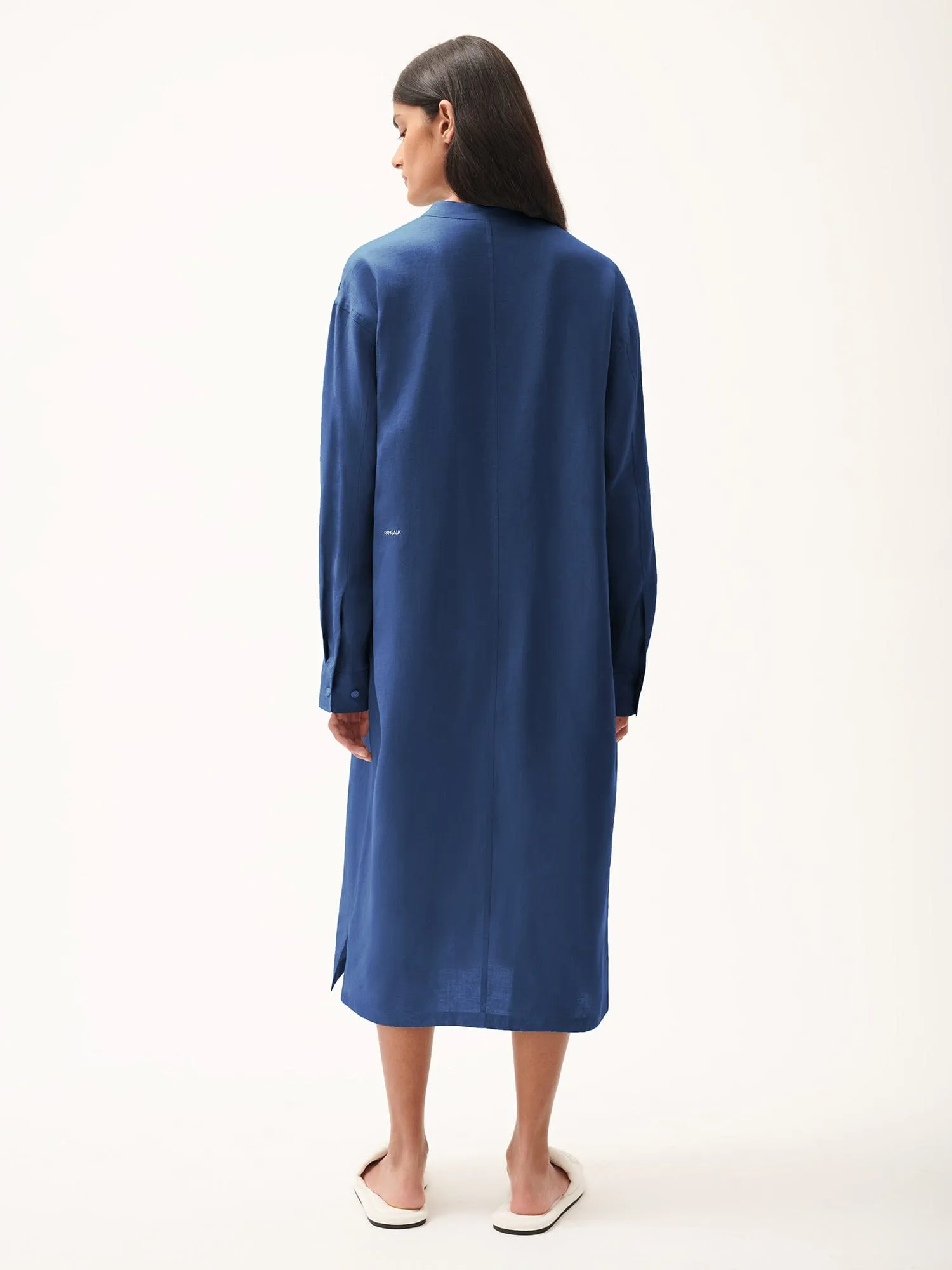 DNA Linen Mandarin Collar Dress—lapis blue