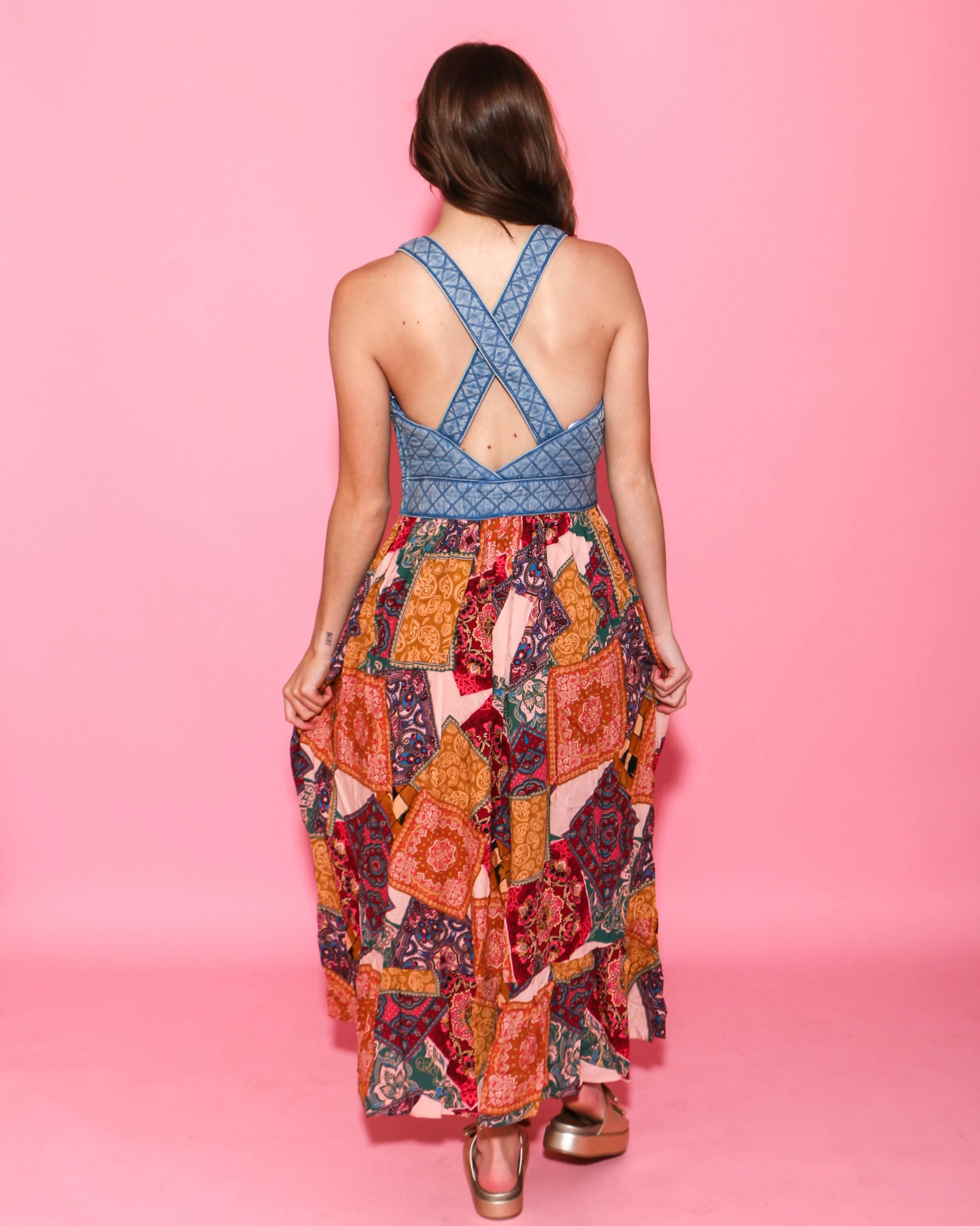 Washed Denim Quilted Bust Mix Media Dress