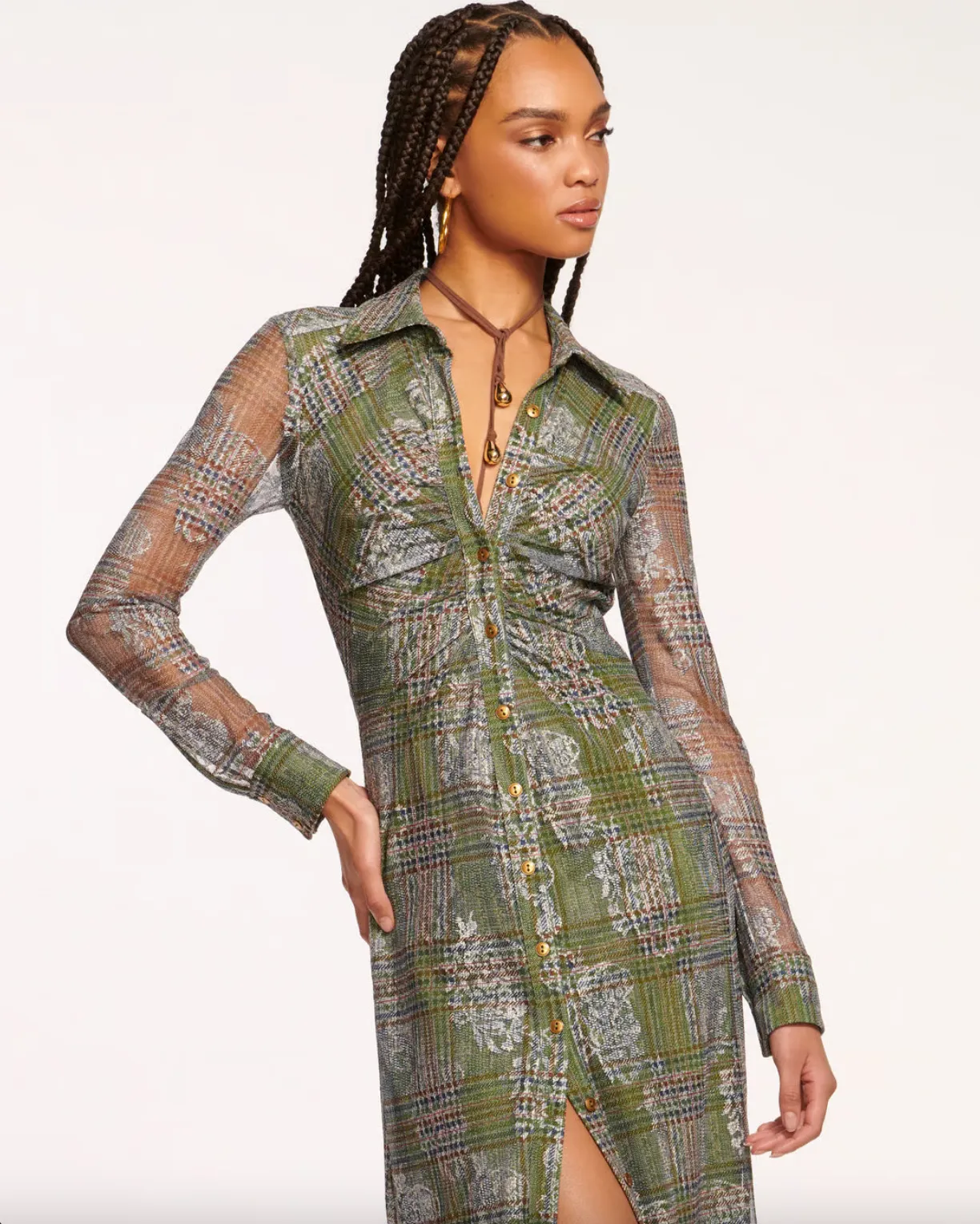 Wyatt Button Down Mesh Maxi Dress - Sage Tartan