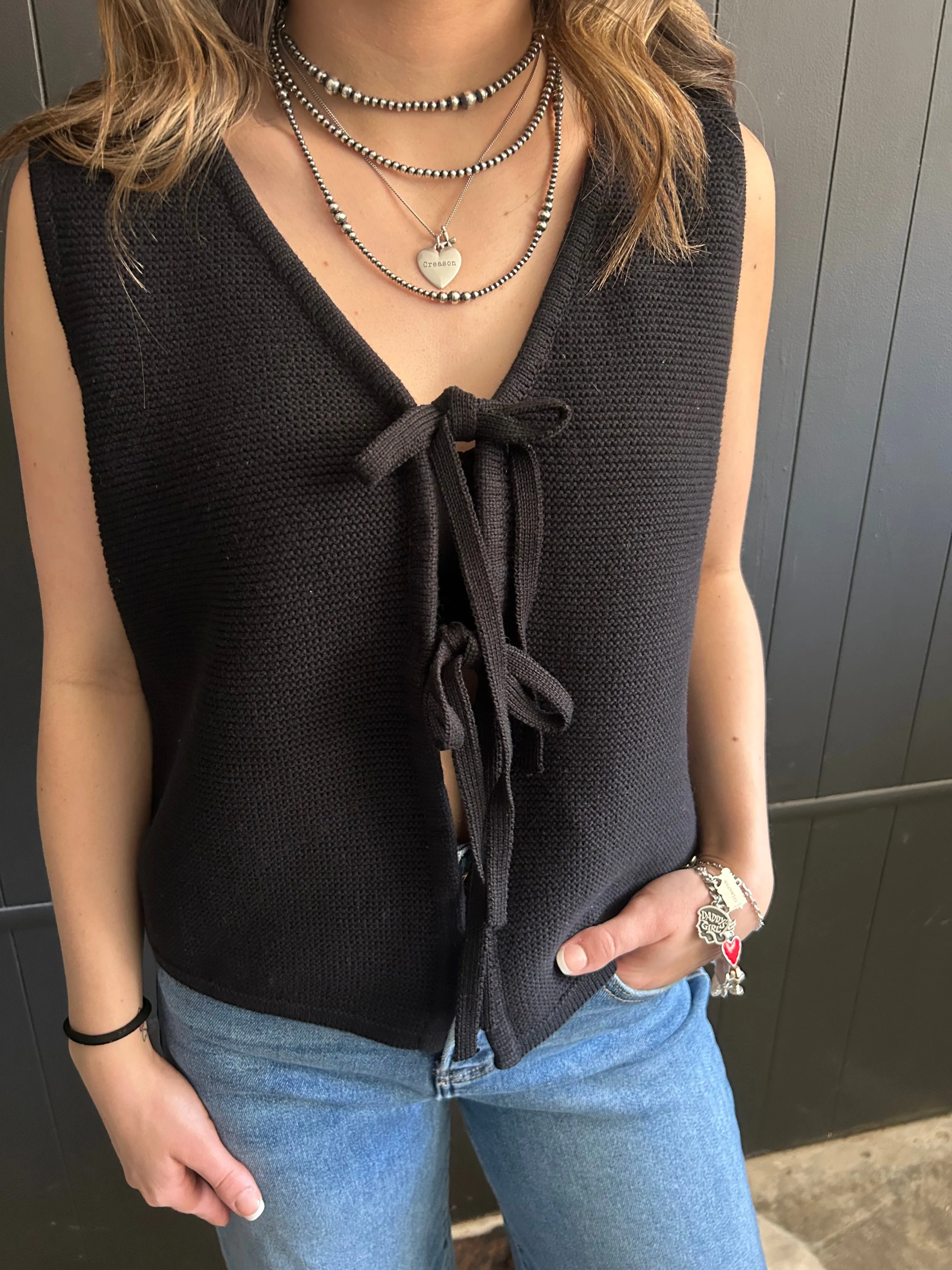 Zenana Front Tie Sweater Vest - 2 Colors
