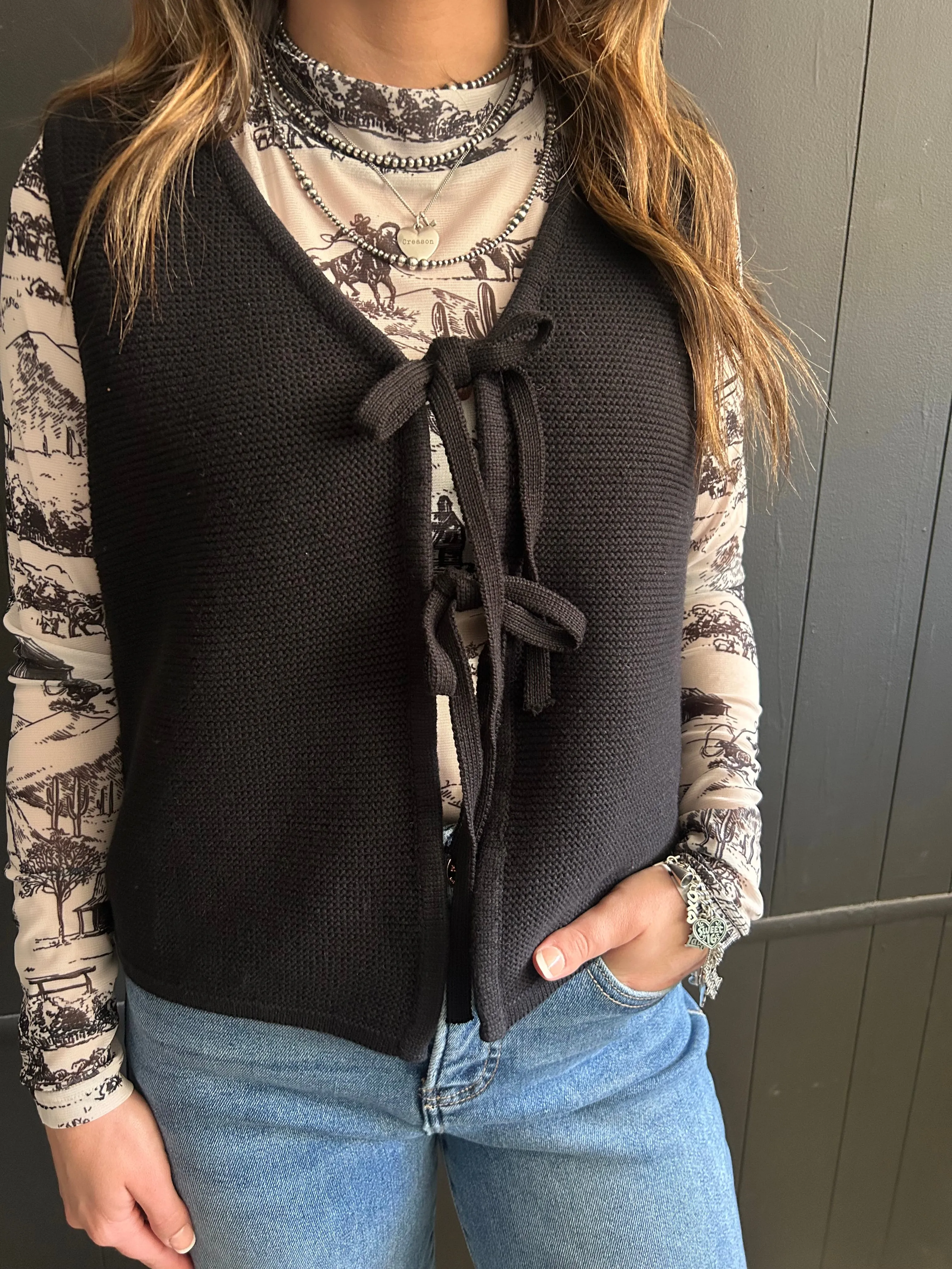 Zenana Front Tie Sweater Vest - 2 Colors