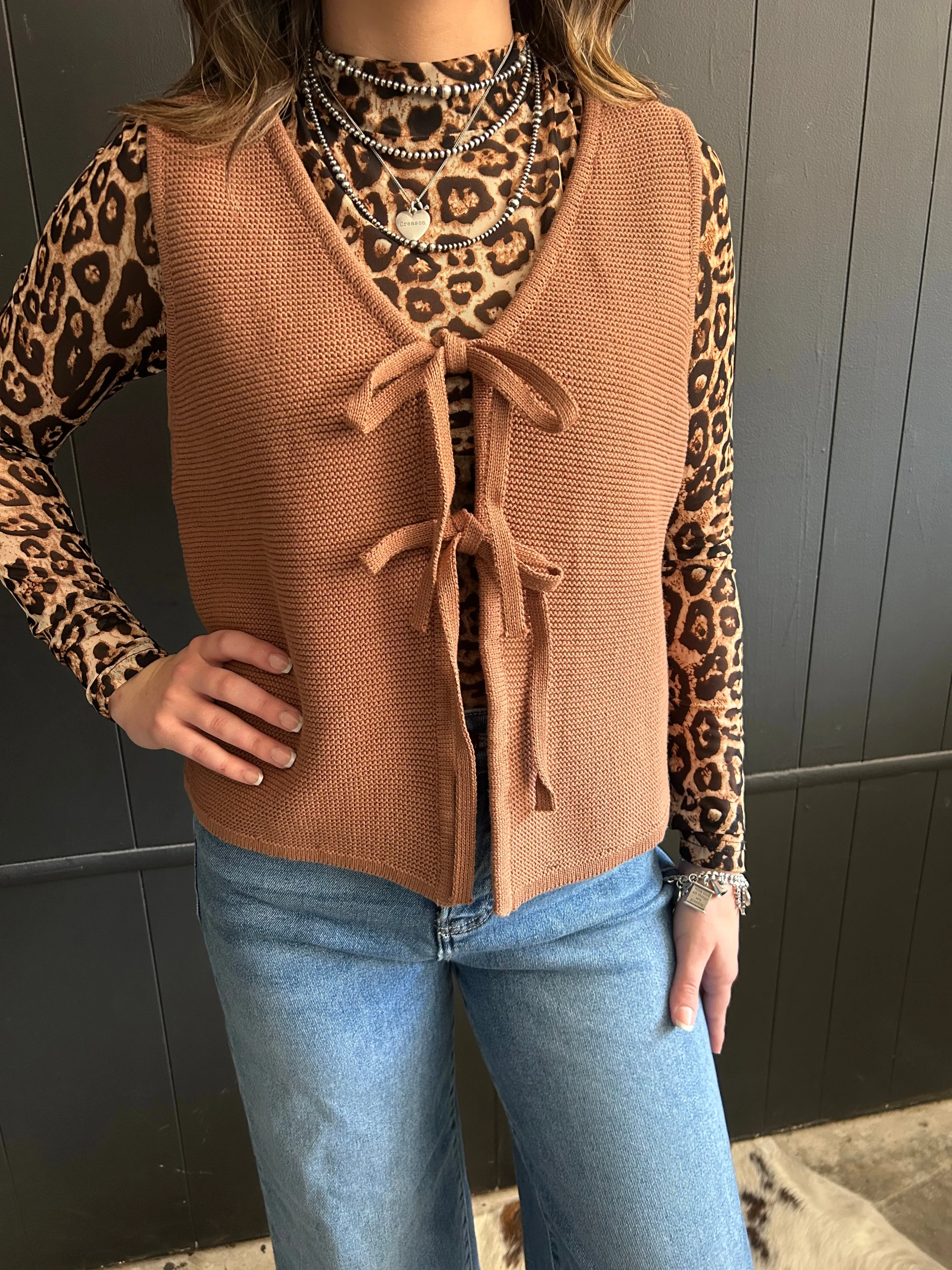 Zenana Front Tie Sweater Vest - 2 Colors